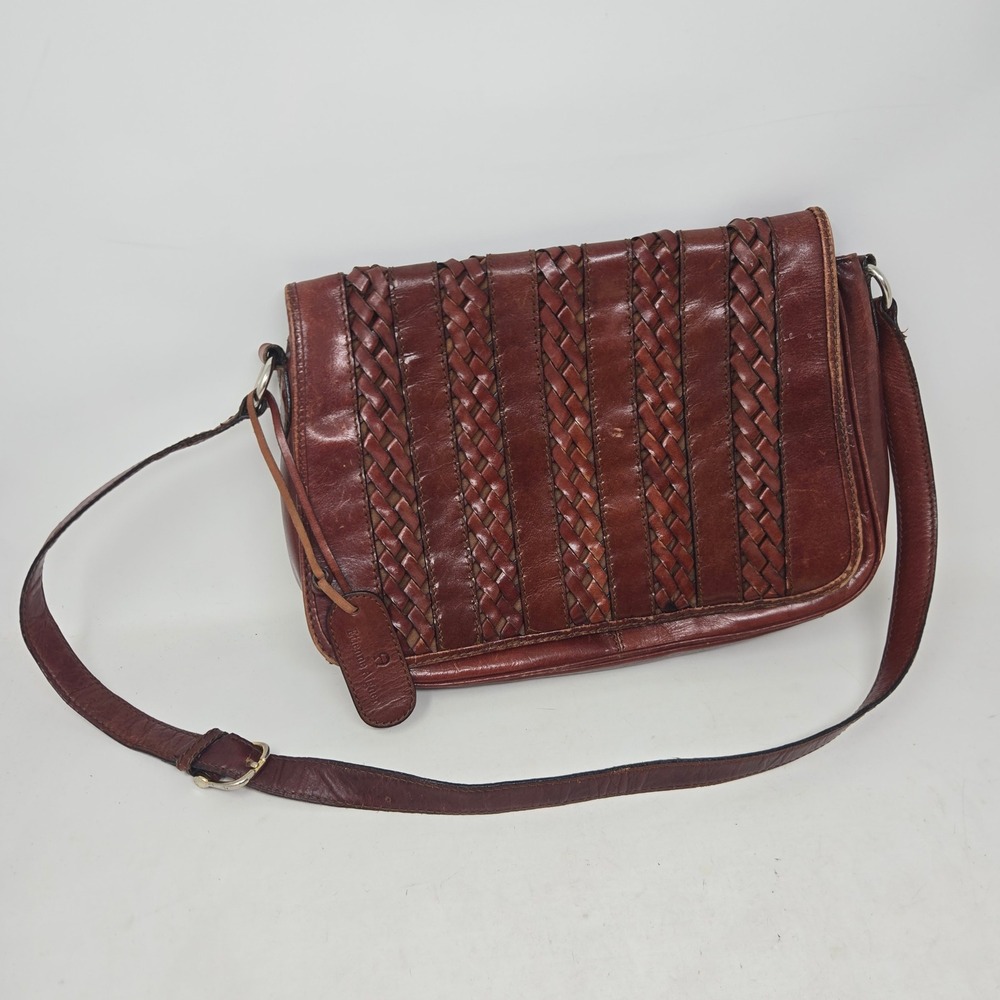Etienne Aigner Brown Leather Woven Crossbody Bag Vintage Flap Shoulder Purse